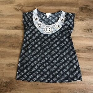 Anthropologie Top Size M Kimchi & Blue Too Blouse Boho Lace Short Sleeve Black
